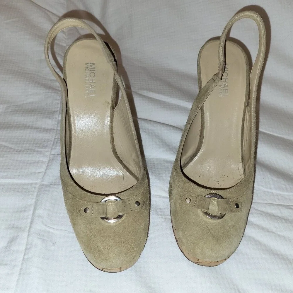 MICHAEL KORS VTG Beige Tan Suede Cork Platform Round Toe Slingback Heels - 8M